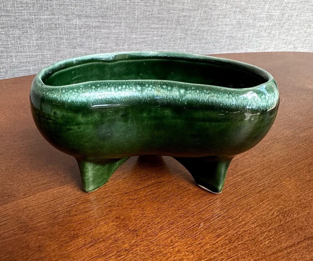 Vtg Console Bowl by California Pottery 2296 Green Planter White Speckled Border